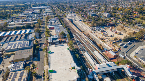 Aerial drone view of the construction site of the new metro station at St Marys in Western Sydney, NSW Australia on a sunny day in August 2023 
