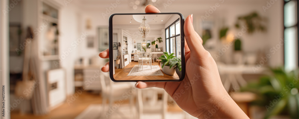 hands holding a Smartphone and take a picture of modern livingroom. Interior designer work with mobile. - obrazy, fototapety, plakaty 