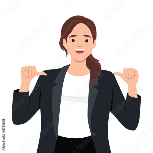 Successful business woman dressed in stylish suit with confidence, pointing herself with fingers proud and happy, high self esteem. Flat vector illustration isolated on white background