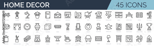 Set of 45 outline icons related to home decor, decorations. Linear icon collection. Editable stroke. Vector illustration
