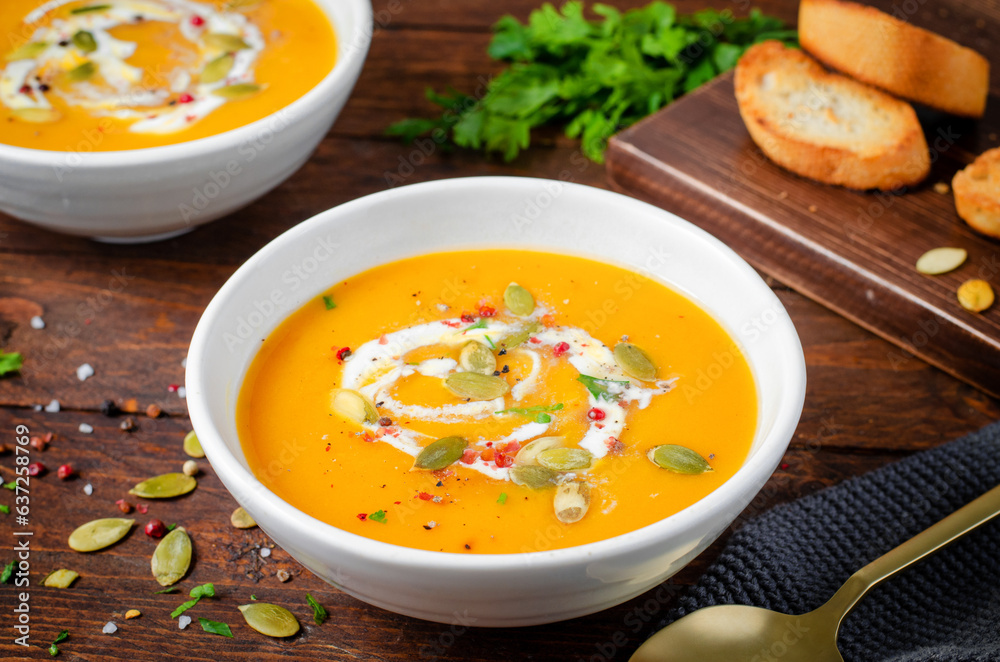 Pumpkin Soup, Tasty Homemade Pumpkin, Sweet Potato, Carrot Soup in a Bowl on Dark Background Pumpkin Soup, Tasty Homemade Pumpkin, Sweet Potato, Carrot Soup in a Bowl on Dark Background