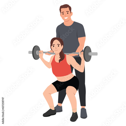 Personal trainer. Girl lifts a barbell under the guidance of an instructor. Flat vector illustration isolated on white background