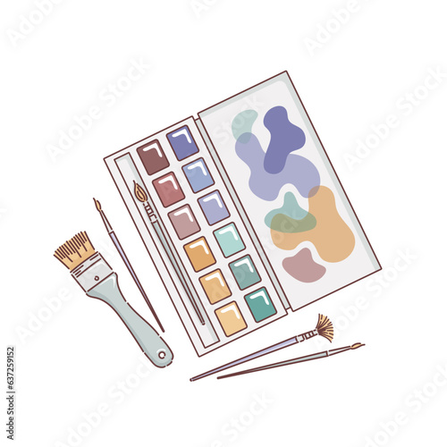 Watercolor paints in cuvettes, a palette, a set of different artistic brushes. Round and flat, flute brush and fan. Vector illustration in doodle style. painting supplies. Isolate, pastel colors