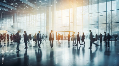 blurred business people at a trade fair or walking in a modern hall