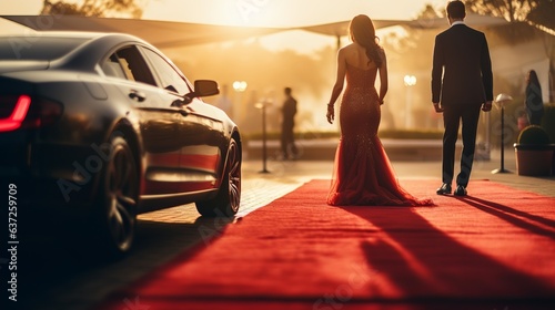 Couple arriving with limousine walking red carpet, Woman in a luxurious dress on a red carpet. Blurred image
