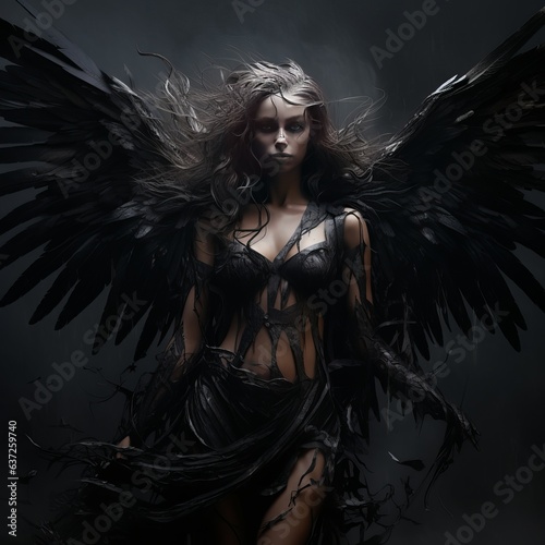 Valokuva Fallen dark angel with wings