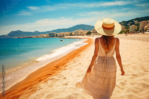 фотография Breathtaking elegance of a woman in summer dress and straw hat, strolling along French Riviera beach
