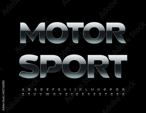 Vector activity banner Motor Sport. Dark metallic Font. Glossy set of Alphabet letters and Numbers