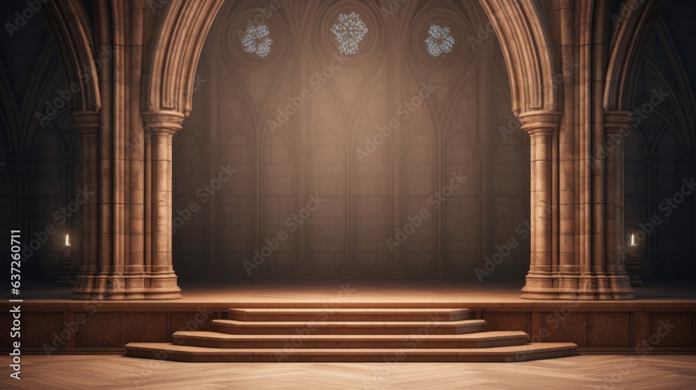 3D illustration of gothic interior with wooden stage for product display. a wooden pulpit in a dark room with a spotlight. - obrazy, fototapety, plakaty 