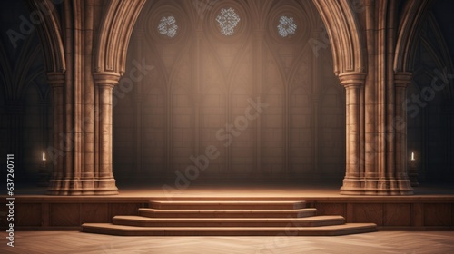 3D illustration of gothic interior with wooden stage for product display. a wooden pulpit in a dark room with a spotlight.