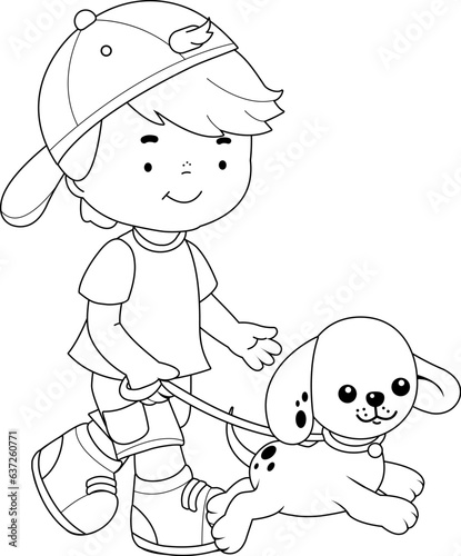 Child walking the dog. Vector black and white coloring page.