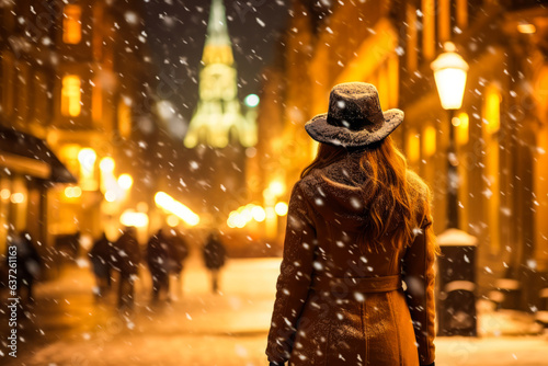 Enchanting young woman in chic coat wandering through a lively city square, under softly glowing snowflakes, snowy evening cityscape.