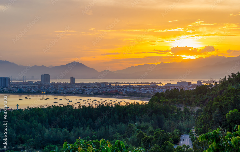 View point in sunset from top of mountain for see the beach, sea and nature of Da Nang City. Danang beach, sea, city
