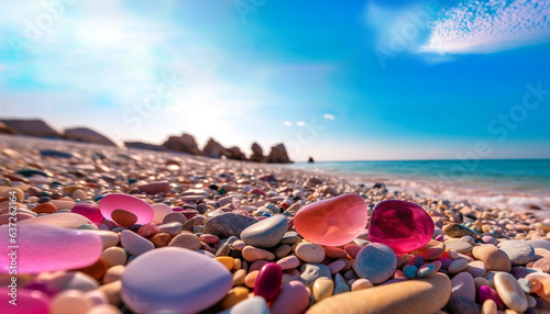Blue Ocean Beach Paradise with Colorful Pebbles and Sea Glass
