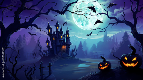 Happy Halloween background with pumpkins and castle haunted,.Halloween background with Evil Pumpkin. Spooky scary dark Night forrest. Holiday event halloween banner background concept