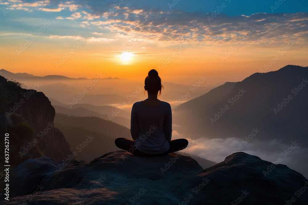 Cross section of woman meditating in yoga stretch at mountains