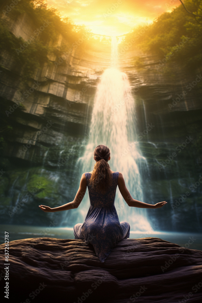 Cross section of woman meditating in yoga stretch at waterfall
