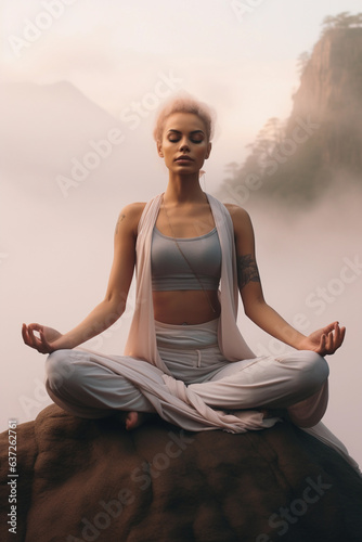 Cross section of woman meditating in yoga stretch at mountains