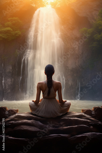 Cross section of woman meditating in yoga stretch at waterfall
