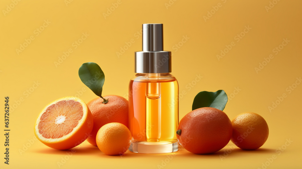 Generative AI, Vitamin C facial serum bottle, citrus perfume jar, orange fragrance, eau de toilette, beauty products, moisturizing, mockup, skin lotion, anti-aging tonic, space for text Generative AI, Vitamin C facial serum bottle, citrus perfume jar, orange fragrance, eau de toilette, beauty products, moisturizing, mockup, skin lotion, anti-aging tonic, space for text