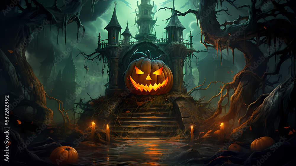 Happy Halloween background with pumpkins and castle haunted, Halloween background with Evil Pumpkin. Spooky scary dark Night forrest. Holiday event halloween banner background concept