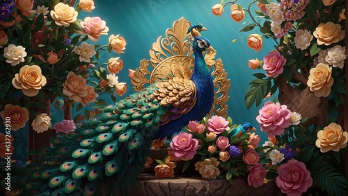 "Regal Elegance: Craft an Image of a Majestic Peacock Amid Exotic Flowers in Vintage Style" © Famahobi