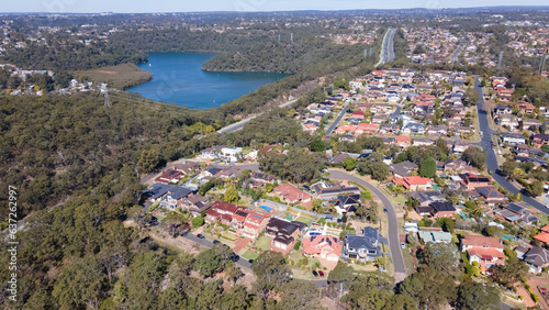 Aerial drone view of Alfords Point in the Sutherland Shire, South Sydney, New South Wales, Australia looking from above Georges River in the south direction  photo