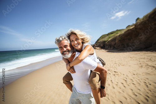 gorgeous mid age Couple enjoys a piggyback ride at the beach in summer © wolfhound911