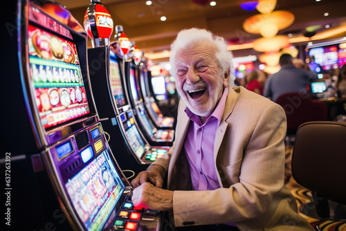 portrait of elderly man gambler playing slot machine in casino. Slot Machines in Las Vegas. Grandma addicted to fruit machines excited photo