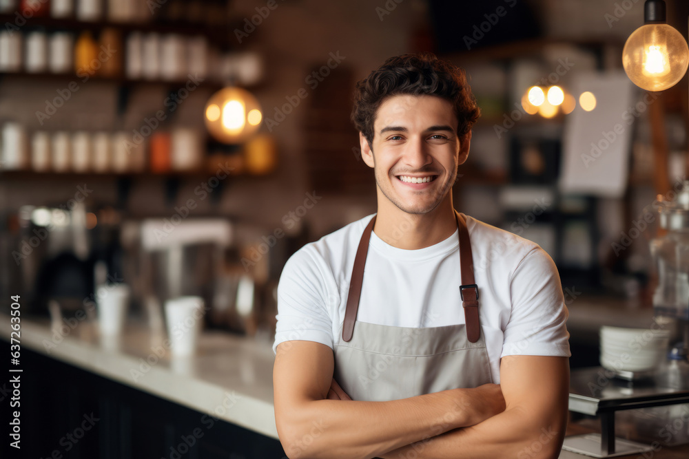 Happy young barista standing at cafe counter Happy young barista standing at cafe counter