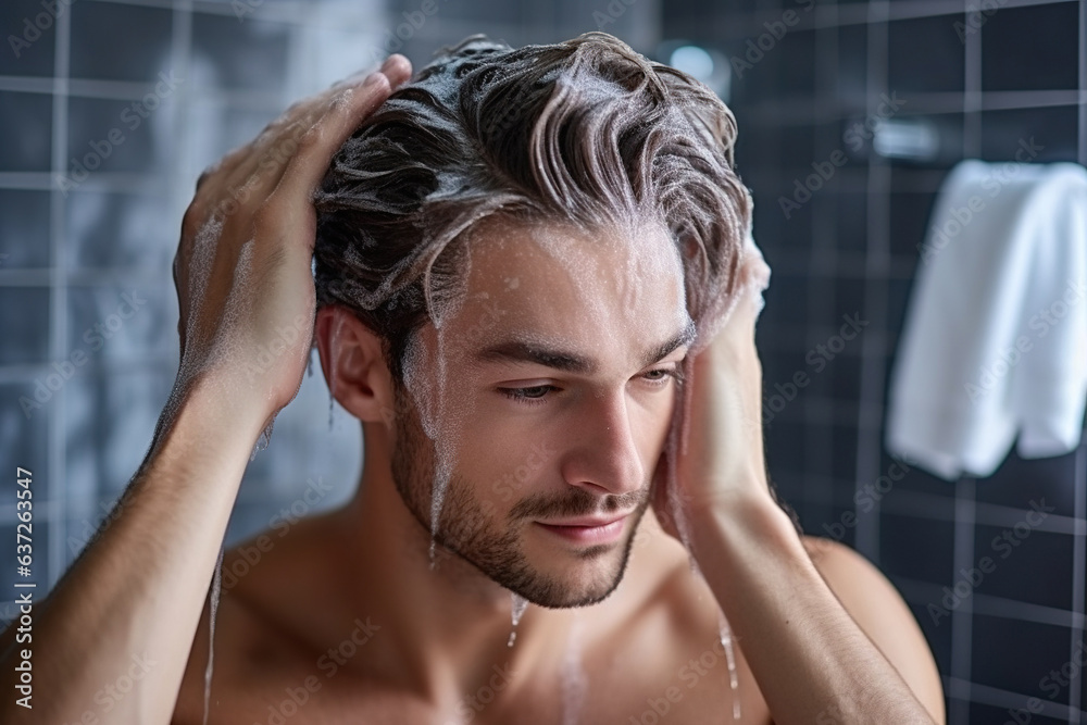 Handsome young man applying shampoo on his hair, preparing for a wash - obrazy, fototapety, plakaty 