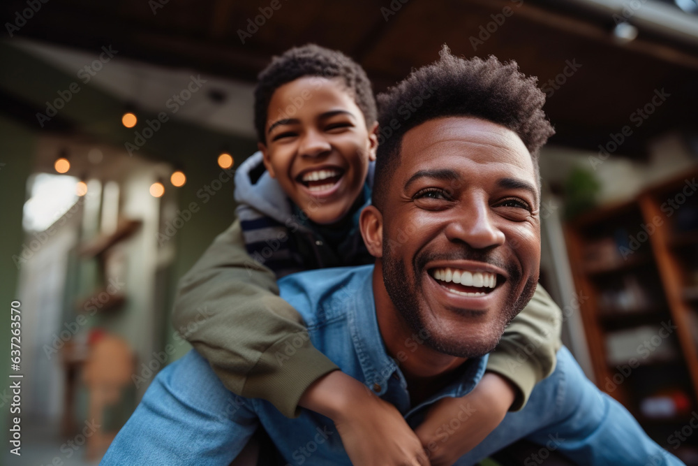 Happy African Black father having fun with teen boy at home.