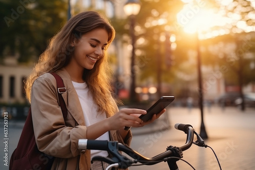 Latin business woman holding smartphone using bike rental