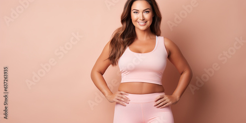 Woman with a fit, plus size body stands in a studio confidently, wearing fitness clothing