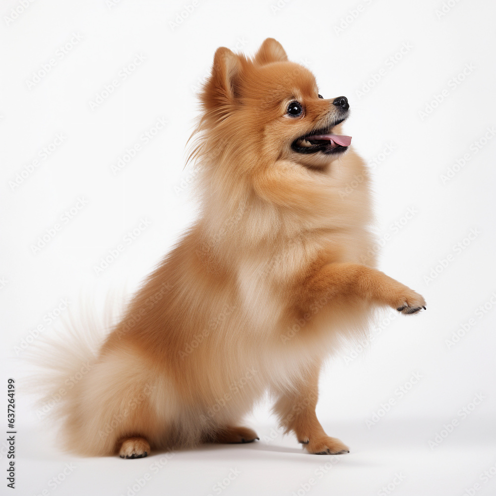Pomeranian with various poses Playfully and cheerfully, white background