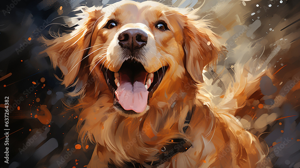 Golden retriever in watercolors with a dog's name on it, in the style of digital airbrushing, impressionist sensibilities, light amber and gold