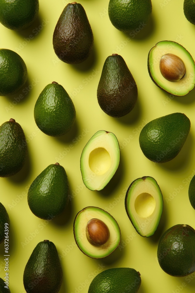 Fresh whole and cut avocados on green coloured background. Overhead view. Fresh whole and cut avocados on green coloured background. Overhead view.