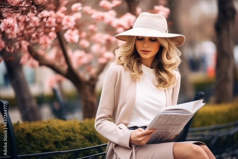 Beautiful female reading fashion magazine