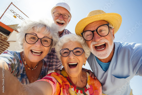 Low angle view of senior citizens having fun and looking at the camera