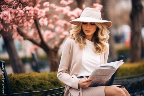 Beautiful female reading fashion magazine