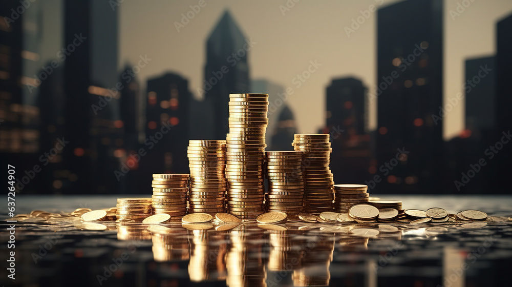 Stacks of Coins in blurred background.Generative Ai Stacks of Coins in blurred background.Generative Ai