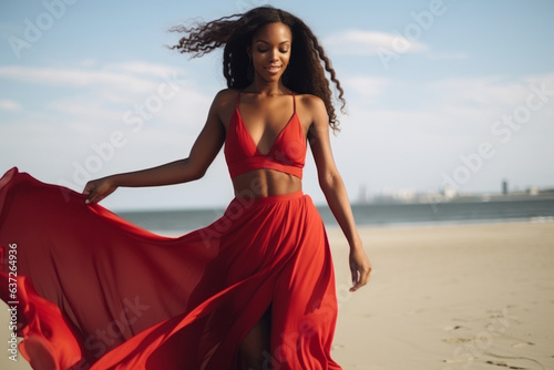 Black American Attractive woman in red dress dancing on the beach
