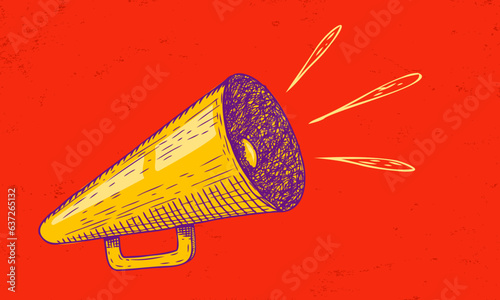 Vector icon of vintage megaphone for fake, breaking news or sale. Vector retro megaphone in doodle style on yellow background.