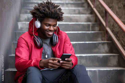 Fit sporty young black man sitting on concrete urban stairs holding phone using mobile apps listening music. Strong African ethnic guy wearing headphones looking at smartphone outdoors. Top view