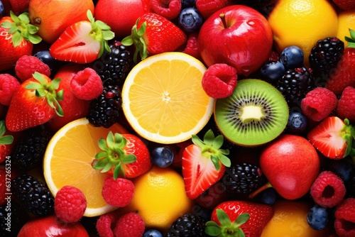 Fresh Mixed Fruits. Delicious Fruit Background   Generative AI