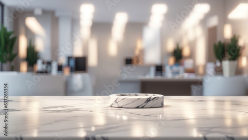  Versatile Marble Workspace  Create a product-friendly image with a white marble tabletop against blurred office background. 
