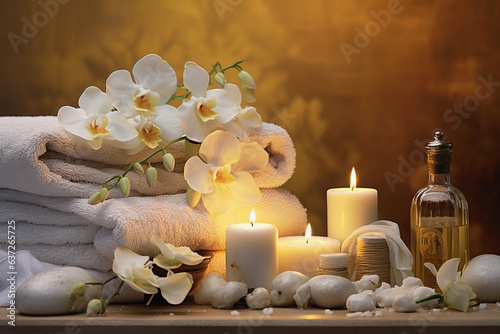 Pictures of the spa atmosphere consisting of flowers, candles, clean clothes, and the atmosphere for spa and massage shops.