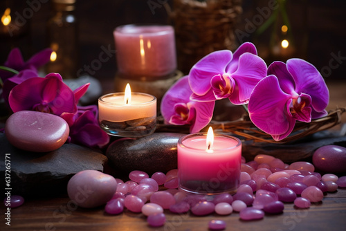 Pictures of the spa atmosphere consisting of flowers  candles  clean clothes  and the atmosphere for spa and massage shops.