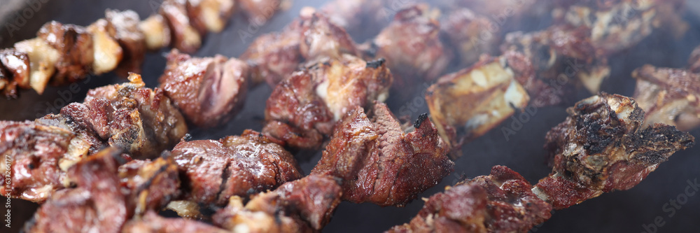 Close-up of juicy shish kebab bbq on metal skewers.