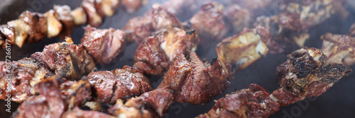 Photography Close-up of juicy shish kebab bbq on metal skewers.